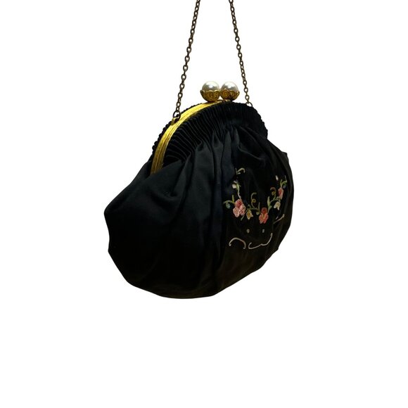Hervé Paris Black Velvet Floral Embroidered Evening Bag With Pearl Clasp Size S - Picture 4 of 9